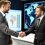 **Image Prompt:** A confident international trade specialist standing in a modern office, shaking hands with a foreign business partner. The specialist is smartly dressed, and the setting implies a successful deal. In the background, there's a display showing global trade routes and data analytics. The overall feel should be professional and dynamic.
