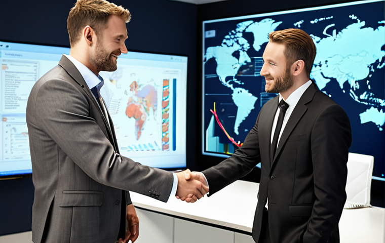 **Image Prompt:** A confident international trade specialist standing in a modern office, shaking hands with a foreign business partner. The specialist is smartly dressed, and the setting implies a successful deal. In the background, there's a display showing global trade routes and data analytics. The overall feel should be professional and dynamic.