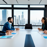 A diverse group of professional businesspeople, fully clothed in modest business attire, gathered around a large table in a modern, brightly lit conference room. They are engaged in open communication and collaborative discussion, with some pointing to a holographic global map or digital data projections on a screen. The atmosphere is one of trust and active problem-solving, showcasing strong team cohesion. The room is clean and organized, featuring contemporary office furniture and large windows overlooking a city skyline. Perfect anatomy, correct proportions, natural poses, well-formed hands, proper finger count, natural body proportions, professional photography, high quality, safe for work, appropriate content, family-friendly.