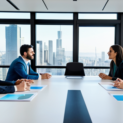 A diverse group of professional businesspeople, fully clothed in modest business attire, gathered around a large table in a modern, brightly lit conference room. They are engaged in open communication and collaborative discussion, with some pointing to a holographic global map or digital data projections on a screen. The atmosphere is one of trust and active problem-solving, showcasing strong team cohesion. The room is clean and organized, featuring contemporary office furniture and large windows overlooking a city skyline. Perfect anatomy, correct proportions, natural poses, well-formed hands, proper finger count, natural body proportions, professional photography, high quality, safe for work, appropriate content, family-friendly.