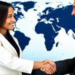 **

A confident businesswoman in a tailored, professional business suit, fully clothed, shaking hands with a businessman in a modern office setting with a world map in the background, appropriate attire, safe for work, perfect anatomy, correct proportions, natural pose, well-formed hands, proper finger count, professional lighting, high-resolution, family-friendly.

**