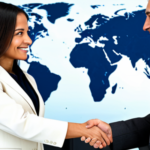 **

A confident businesswoman in a tailored, professional business suit, fully clothed, shaking hands with a businessman in a modern office setting with a world map in the background, appropriate attire, safe for work, perfect anatomy, correct proportions, natural pose, well-formed hands, proper finger count, professional lighting, high-resolution, family-friendly.

**