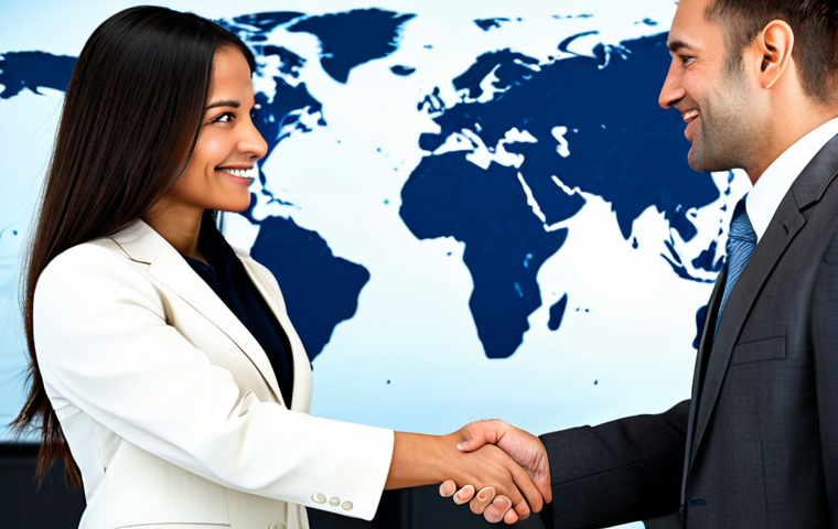 **

A confident businesswoman in a tailored, professional business suit, fully clothed, shaking hands with a businessman in a modern office setting with a world map in the background, appropriate attire, safe for work, perfect anatomy, correct proportions, natural pose, well-formed hands, proper finger count, professional lighting, high-resolution, family-friendly.

**