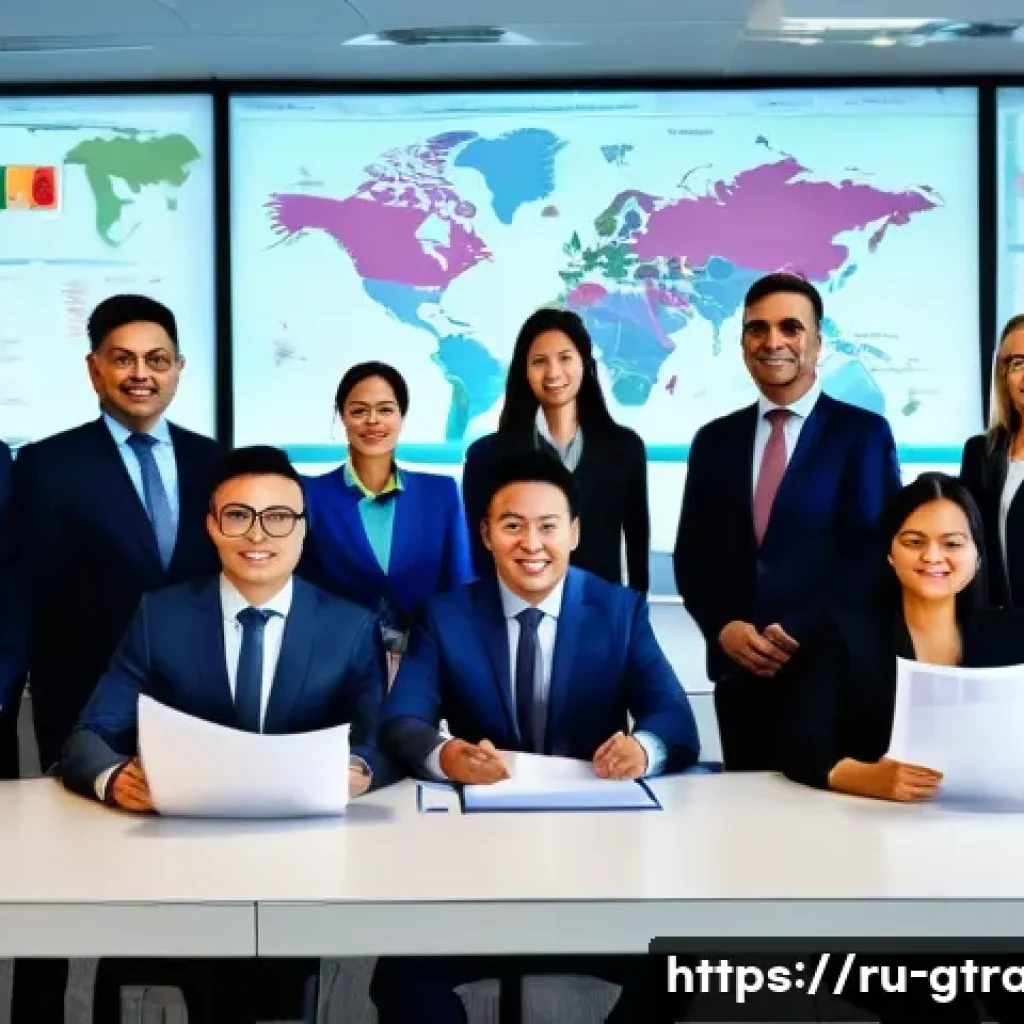 무역 회사에서의 실무 트레이닝 경험 - A professional office scene showing a diverse team of international businesspeople in formal attire,...