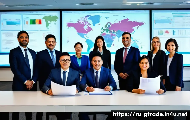 무역 회사에서의 실무 트레이닝 경험 - A professional office scene showing a diverse team of international businesspeople in formal attire,...