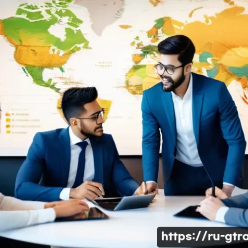 글로벌 무역 분야 취업 성공 비법 - A professional international trade business meeting scene in a modern office with diverse multinatio...