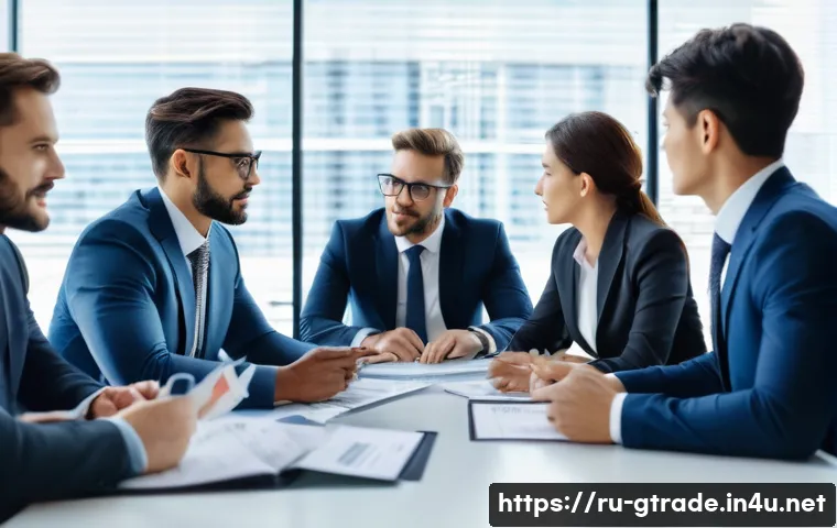 무역 계약서 작성 실무 가이드 - A professional business meeting scene set in a modern office with international trade contract docum...