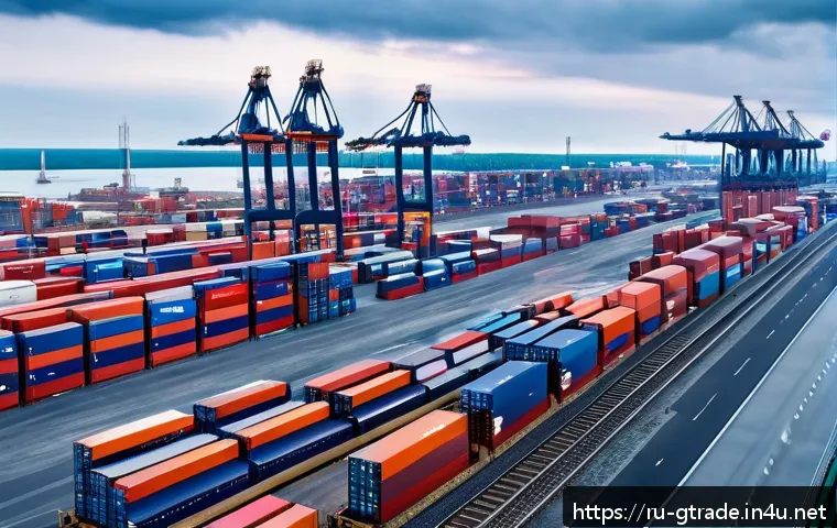 수출입 프로세스 실무 완벽 이해 - A detailed scene of a modern international logistics hub in Russia, showing multiple modes of transp...