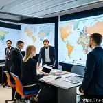 Home 23 무역업 연봉 평균과 상위권 연봉 사례 - A modern office scene in Moscow showing a diverse group of international trade specialists collabora...