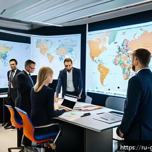 Home 17 무역업 연봉 평균과 상위권 연봉 사례 - A modern office scene in Moscow showing a diverse group of international trade specialists collabora...