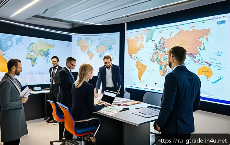 무역업 연봉 평균과 상위권 연봉 사례 - A modern office scene in Moscow showing a diverse group of international trade specialists collabora...
