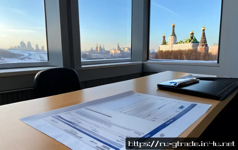 Home 17 무역 전문가가 알아야 할 핵심 이론 - Photorealistic international trade consultant in a modern Moscow office, carefully comparing unbrand...